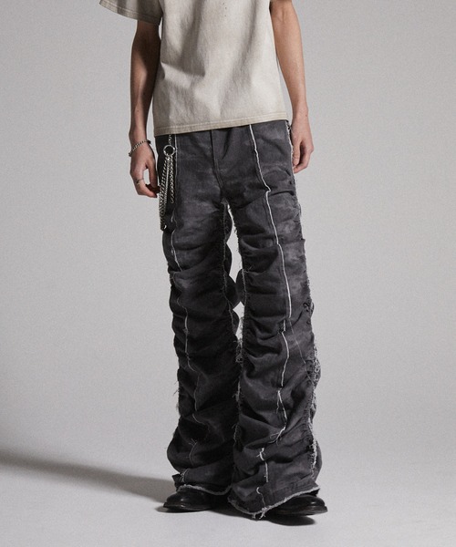 ゴ*ス様 grancy シャーリングダメージデザインコットンパンツ ブラック GRANCY】Shirred Damage design Cotton Pants / シャーリング
