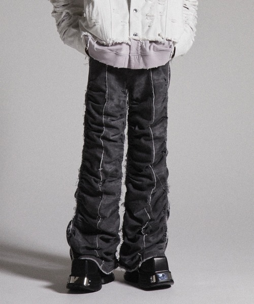 GRANCY シャーリングダメージデザインコットンパンツ　ブラック　S GRANCY】Shirred Damage design Cotton Pants / シャーリング