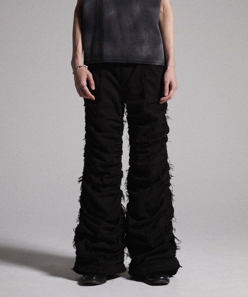 ゴ*ス様 grancy シャーリングダメージデザインコットンパンツ ブラック GRANCY】Shirred Damage design Cotton Pants / シャーリング