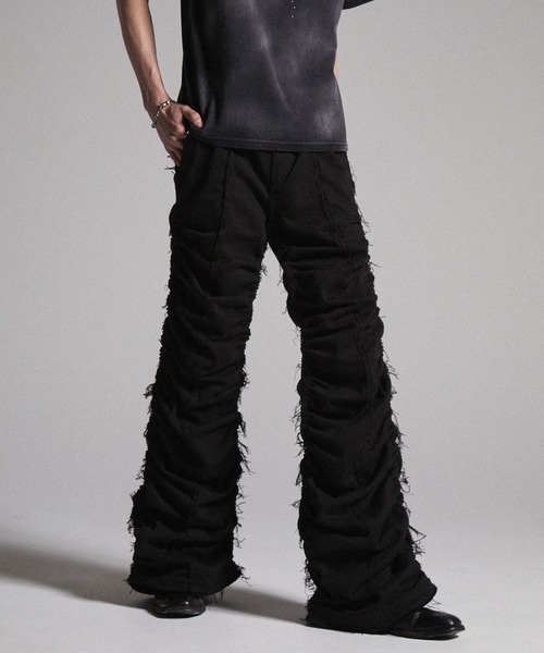 GRANCY シャーリングダメージデザインコットンパンツ　ブラック　S GRANCY】Shirred Damage design Cotton Pants / シャーリング