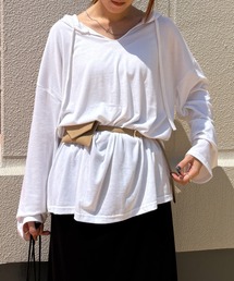 ISOOK | 【ISOOK / アイスー】フード付きカットソー / パーカー フーディ フード付きTシャツ 薄手 ロング丈 ロンT ルーズ チュニック オーバーサイズ Vネック ホワイト グレー 白 ZOZOTOWN限定(パーカー)