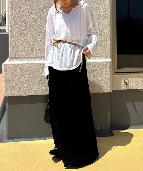 ISOOK（アイスー）の「【ISOOK / アイスー】フード付きカットソー / パーカー フーディ フード付きTシャツ 薄手 ロング丈 ロンT ルーズ チュニック オーバーサイズ Vネック ホワイト グレー 白 ZOZOTOWN限定（パーカー・レディース・グレー/ホワイト・FREE）」の13枚目の写真