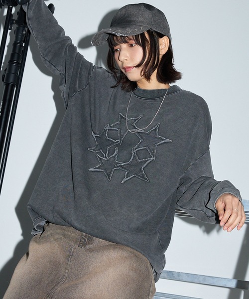 【極美品】PINKSPINK パッチワーク 刺繍 Tシャツ カットソー ロック ヴィンテージ加工スターパッチワーク刺繍クルーネックロンT（Tシャツ