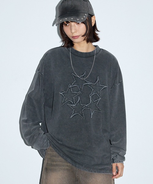 Anchor Smith(アンカー スミス)の「ヴィンテージ加工スターパッチワーク刺繍クルーネックロンT(Tシャツ/カットソー・レディース・ネイビー/ブラウン/スミクロ・M/L)」の6枚目の写真