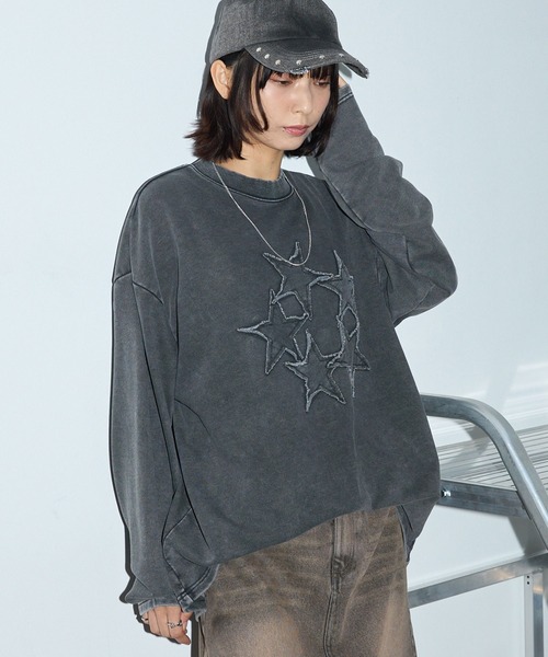 Anchor Smith(アンカー スミス)の「ヴィンテージ加工スターパッチワーク刺繍クルーネックロンT(Tシャツ/カットソー・レディース・ネイビー/ブラウン/スミクロ・M/L)」の9枚目の写真