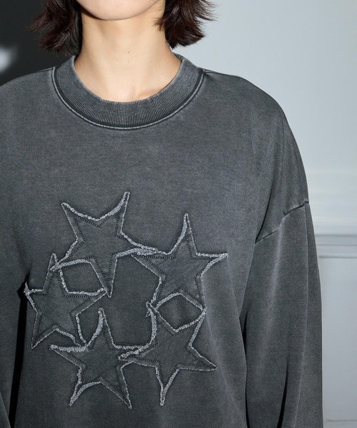 ヴィンテージ加工スターパッチワーク刺繍クルーネックロンT（Tシャツ