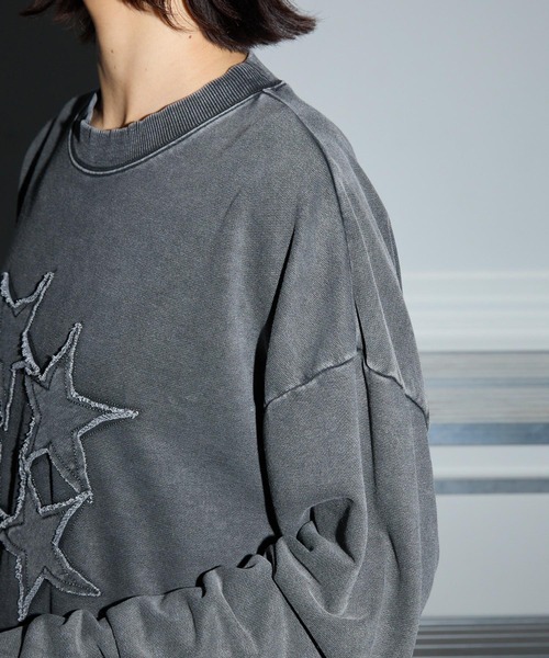 ヴィンテージ加工スターパッチワーク刺繍クルーネックロンT（Tシャツ