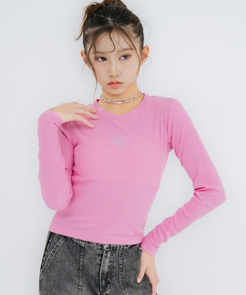 刺繍ハートロゴ リブトップス【キッズお揃い】（Tシャツ/カットソー