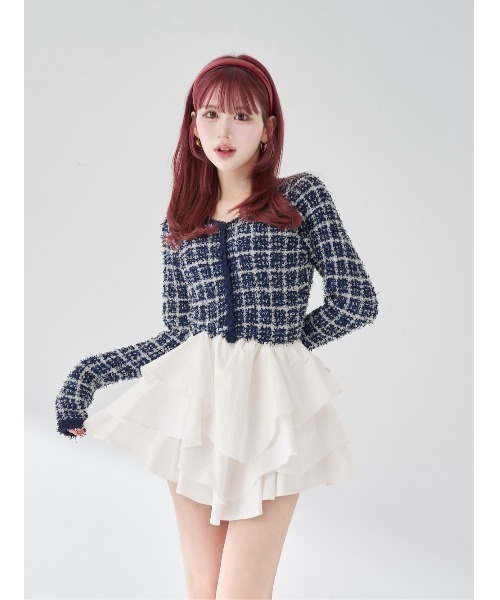 ボリュームフリルツイードニットミニワンピース（ワンピース