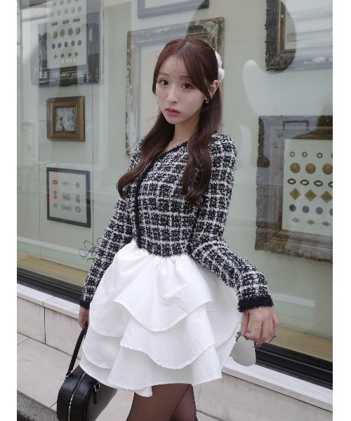 ダーリッチ ボリュームフリルツイードニットミニワンピース ボリュームフリルツイードニットミニワンピース(ワンピース