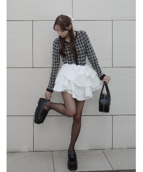 ボリュームフリルツイードニットミニワンピース（ワンピース