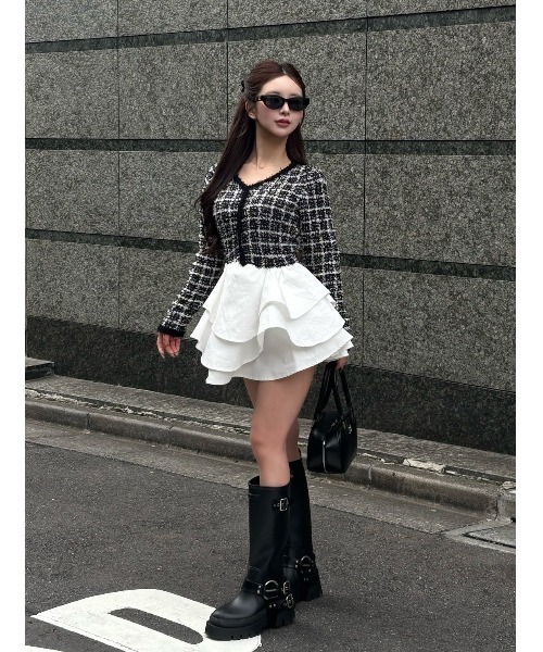 ボリュームフリルツイードニットミニワンピース（ワンピース