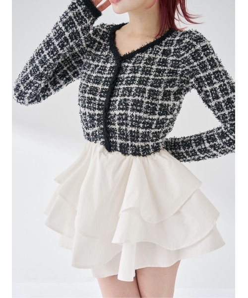 【Darich】新品タグ付きボリュームフリルツイードニットミニワンピース　FL ボリュームフリルツイードニットミニワンピース – Darich
