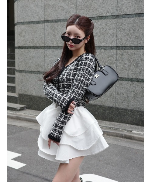 ボリュームフリルツイードニットミニワンピース（ワンピース