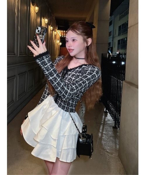 ボリュームフリルツイードニットミニワンピース（ワンピース