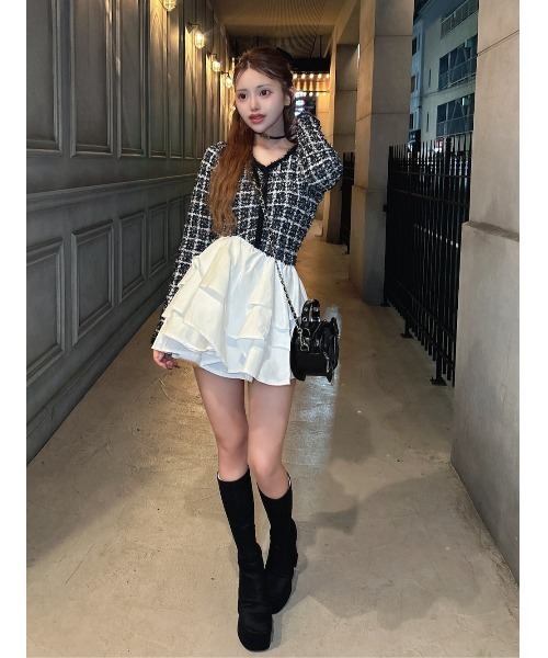 【Darich】新品タグ付きボリュームフリルツイードニットミニワンピース ボリュームフリルツイードニットミニワンピース（ワンピース