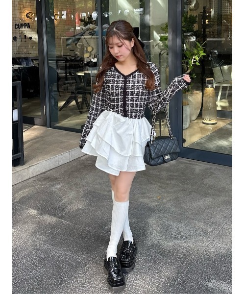 ボリュームフリルツイードニットミニワンピース（ワンピース）｜Darich