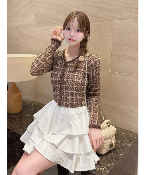 ボリュームフリルツイードニットミニワンピース（ワンピース