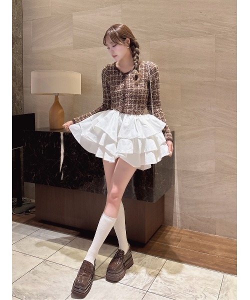 新品未使用　ダーリッチ　ボリュームフリルツイードニットミニワンピース ボリュームフリルツイードニットミニワンピース（ワンピース