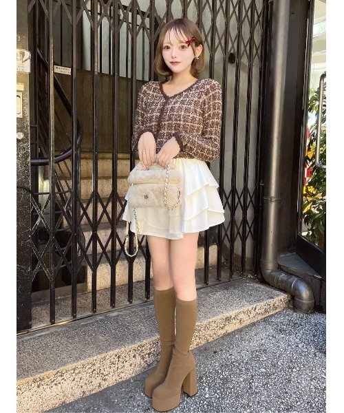 ボリュームフリルツイードニットミニワンピース（ワンピース