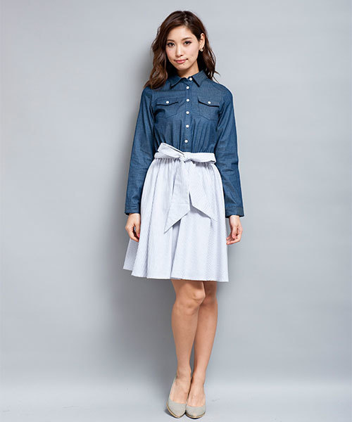 MILLION CARATS（ミリオンカラッツ）の「ダンガリー×ストライプワンピース（ワンピース・レディース・ネイビー/サックスブルー・FREE）」の4枚目の写真