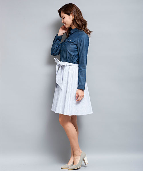 MILLION CARATS（ミリオンカラッツ）の「ダンガリー×ストライプワンピース（ワンピース・レディース・ネイビー/サックスブルー・FREE）」の5枚目の写真