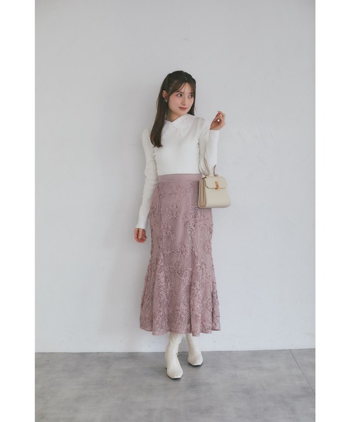 tocco closet（トッコ　クローゼット）の「【ZOZO限定】リボンレース襟ロングスリーブニットトップス（ニット/セーター・レディース・ブラック/ピンクベージュ/オフホワイト/チャコール・M）」の5枚目の写真