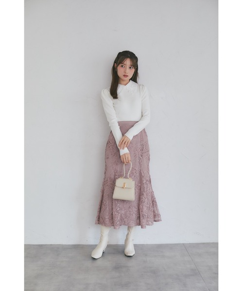 tocco closet（トッコ　クローゼット）の「【ZOZO限定】リボンレース襟ロングスリーブニットトップス（ニット/セーター・レディース・ブラック/ピンクベージュ/オフホワイト/チャコール・M）」の6枚目の写真