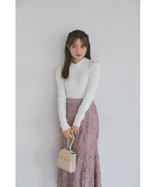 tocco closet（トッコ　クローゼット）の「【ZOZO限定】リボンレース襟ロングスリーブニットトップス（ニット/セーター・レディース・ブラック/ピンクベージュ/オフホワイト/チャコール・M）」の8枚目の写真