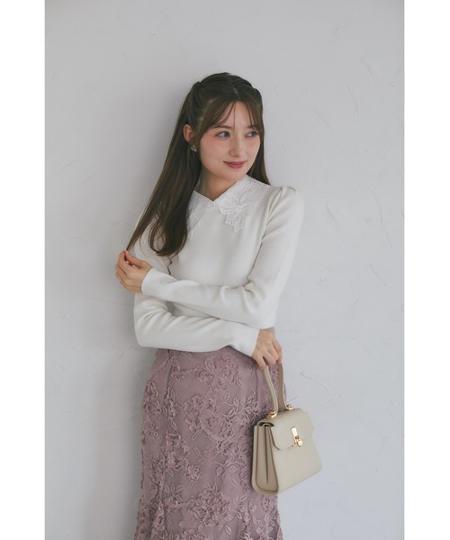 tocco closet（トッコ　クローゼット）の「【ZOZO限定】リボンレース襟ロングスリーブニットトップス（ニット/セーター・レディース・ブラック/ピンクベージュ/オフホワイト/チャコール・M）」の9枚目の写真