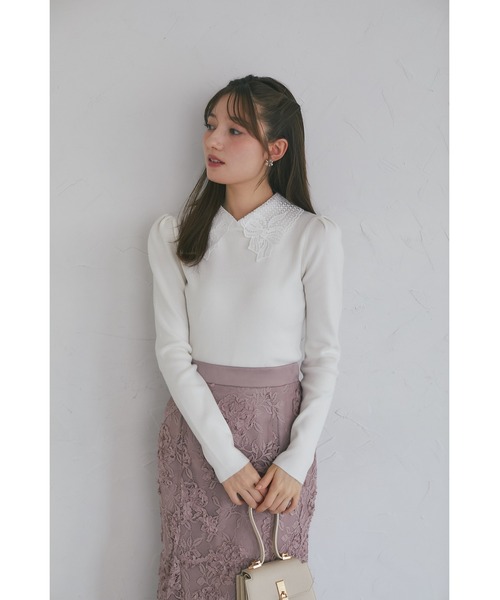 tocco closet（トッコ　クローゼット）の「【ZOZO限定】リボンレース襟ロングスリーブニットトップス（ニット/セーター・レディース・ブラック/ピンクベージュ/オフホワイト/チャコール・M）」の10枚目の写真