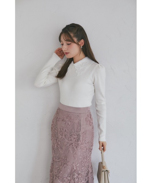 tocco closet（トッコ　クローゼット）の「【ZOZO限定】リボンレース襟ロングスリーブニットトップス（ニット/セーター・レディース・ブラック/ピンクベージュ/オフホワイト/チャコール・M）」の11枚目の写真