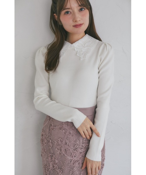 tocco closet（トッコ　クローゼット）の「【ZOZO限定】リボンレース襟ロングスリーブニットトップス（ニット/セーター・レディース・ブラック/ピンクベージュ/オフホワイト/チャコール・M）」の12枚目の写真