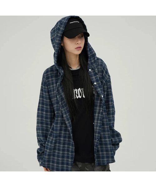 ACOVER(オコボ)の「タータンチェックフードシャツ3カラー(シャツ/ブラウス・レディース・ブラック/ベージュ/ネイビー/レッド/カーキ/ダークネイビー/ネイビー系・MEDIUM/LARGE)」の4枚目の写真