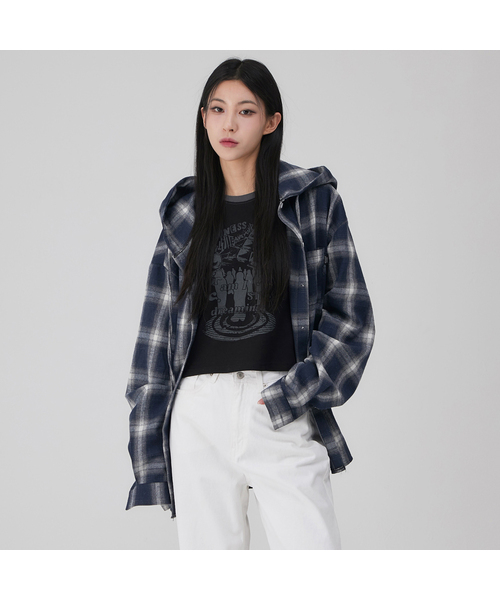 ACOVER(オコボ)の「タータンチェックフードシャツ3カラー(シャツ/ブラウス・レディース・ブラック/ベージュ/ネイビー/レッド/カーキ/ダークネイビー/ネイビー系・MEDIUM/LARGE)」の5枚目の写真