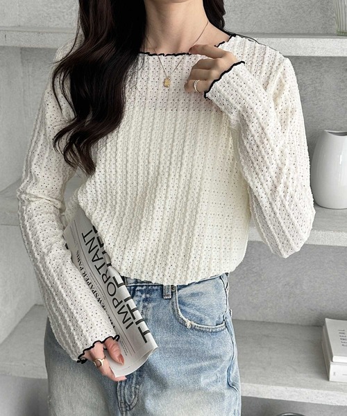 GeeRA(ジーラ)の「【S~LLサイズ展開】表面感配色メロージャガードカットソートップス(Tシャツ/カットソー・レディース・ライトグレー/ブラック/アイボリー・X-LARGE/LARGE/MEDIUM/SMALL)」の5枚目の写真