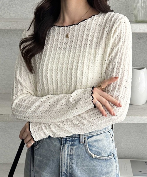 GeeRA(ジーラ)の「【S~LLサイズ展開】表面感配色メロージャガードカットソートップス(Tシャツ/カットソー・レディース・ライトグレー/ブラック/アイボリー・X-LARGE/LARGE/MEDIUM/SMALL)」の7枚目の写真