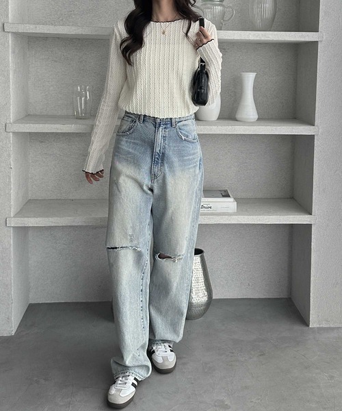 GeeRA(ジーラ)の「【S~LLサイズ展開】表面感配色メロージャガードカットソートップス(Tシャツ/カットソー・レディース・ライトグレー/ブラック/アイボリー・X-LARGE/LARGE/MEDIUM/SMALL)」の8枚目の写真