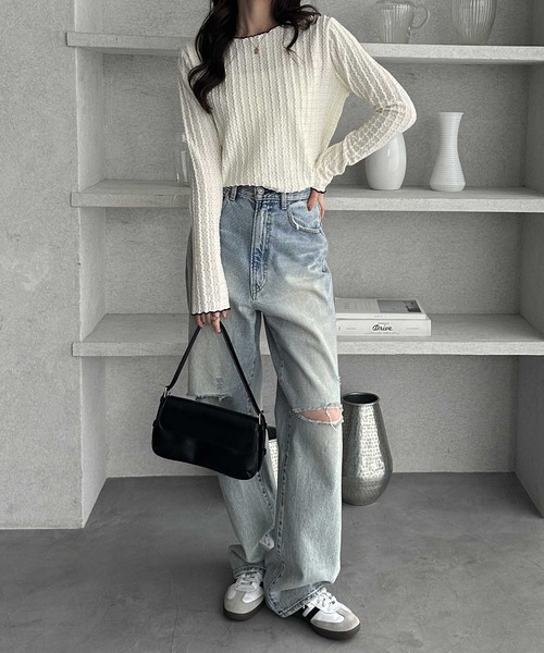 GeeRA(ジーラ)の「【S~LLサイズ展開】表面感配色メロージャガードカットソートップス(Tシャツ/カットソー・レディース・ライトグレー/ブラック/アイボリー・X-LARGE/LARGE/MEDIUM/SMALL)」の9枚目の写真