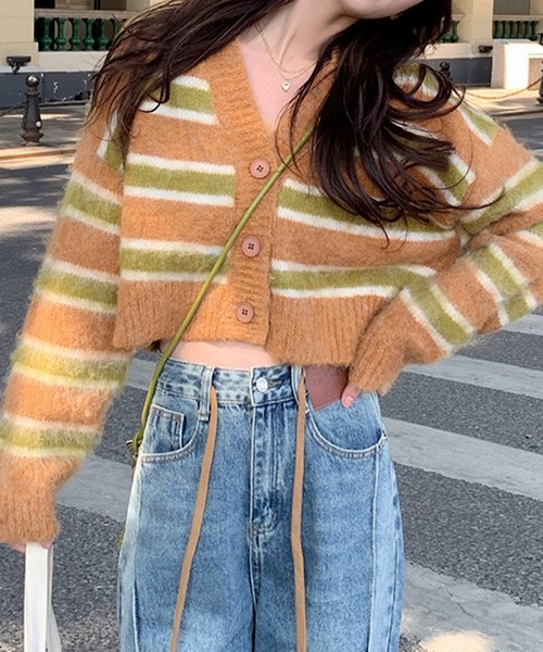 ROGER AND RAW（ロジャーアンドロウ）の「マルチボーダーショートニットカーディガン（カーディガン/ボレロ・レディース・グレー/オレンジ・FREE）」の9枚目の写真