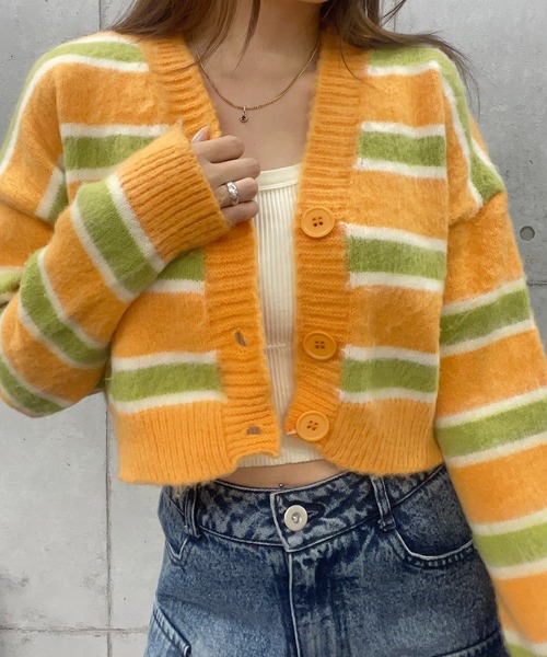 ROGER AND RAW（ロジャーアンドロウ）の「マルチボーダーショートニットカーディガン（カーディガン/ボレロ・レディース・グレー/オレンジ・FREE）」の7枚目の写真