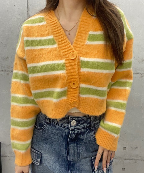 ROGER AND RAW（ロジャーアンドロウ）の「マルチボーダーショートニットカーディガン（カーディガン/ボレロ・レディース・グレー/オレンジ・FREE）」の6枚目の写真