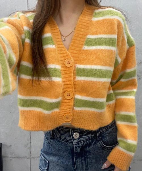 ROGER AND RAW（ロジャーアンドロウ）の「マルチボーダーショートニットカーディガン（カーディガン/ボレロ・レディース・グレー/オレンジ・FREE）」の5枚目の写真