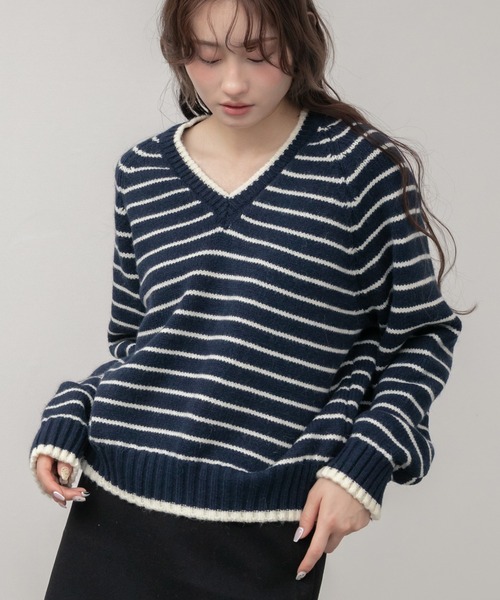 セール】Vネックボーダーニットトップス / ネイビー アイボリー