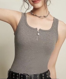 ハーフジップ パール付き ノースリーブ カップ付き タンクトップ