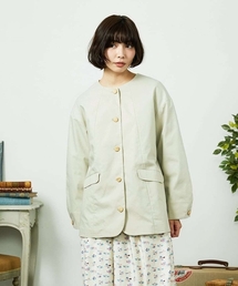 Jocomomola（ホコモモラ）の「裏地プリント  ノーカラーミドル丈コート（ノーカラーコート）」