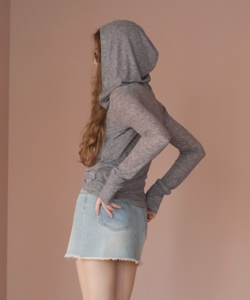 Mili affinity（ミリアフィニティー）の「フード付きシアーロングスリーブTシャツ（Tシャツ/カットソー・レディース・ブラック/アイボリー/杢グレー・FREE）」の16枚目の写真