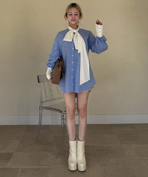 ROYAL PARTY（ロイヤルパーティー）の「ビッグボウタイストライプシャツ（シャツ/ブラウス・レディース・その他/ブルー/オフホワイト・FREE）」の10枚目の写真