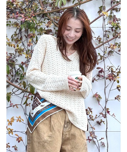 Ungrid(アングリッド)の「透かし編みルーズニット(ニット/セーター・レディース・グリーン/ベージュ/ブラック・FREE)」の1枚目の写真