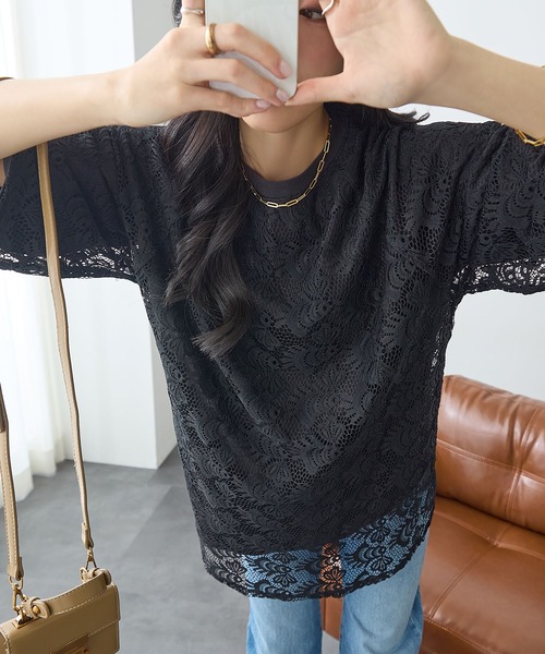 ReDial（リダイアル）の「レース重ねTシャツ（Tシャツ/カットソー・レディース・ブラック/ピンク/ホワイト/モカ・M/L/LL/3L）」の3枚目の写真